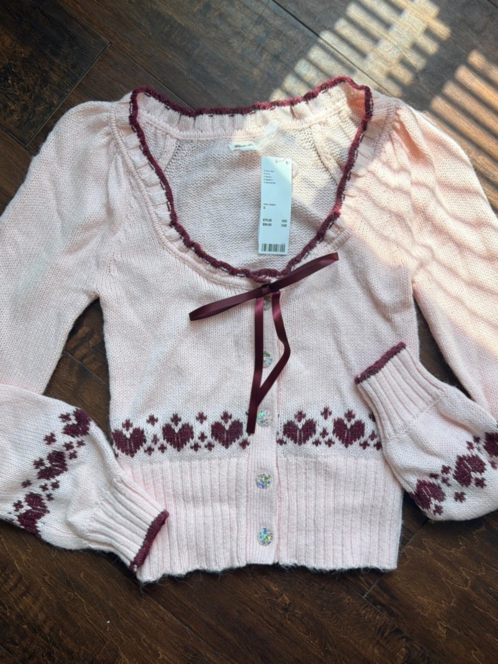 Kimchi Blue Light Pink Cardigan with Burgundy Heart Trim